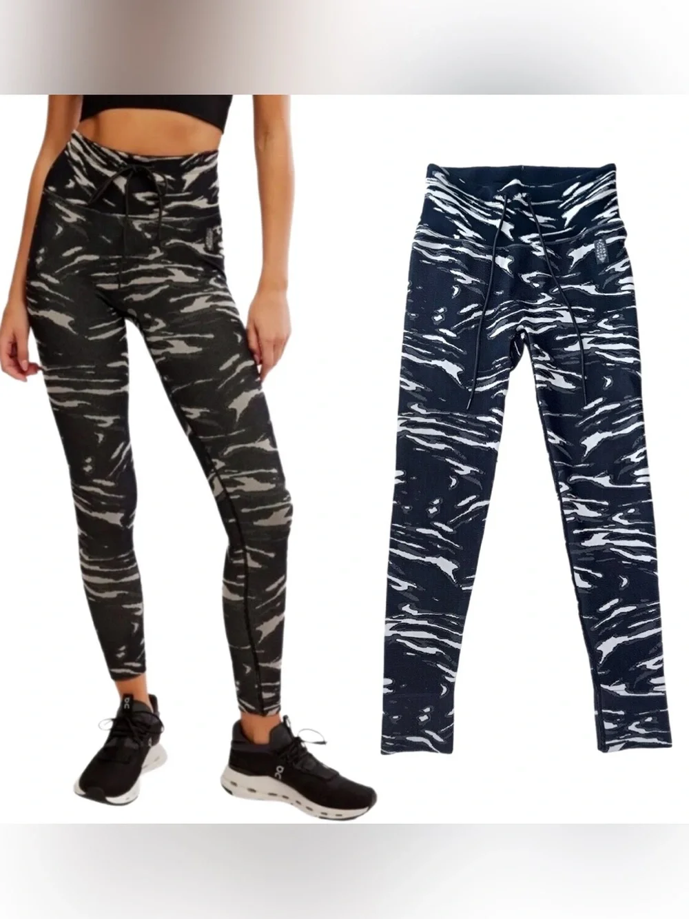 Free People Movement Go To Printed Leggings M/L New With Tags Black Como